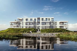 redesign seaside residential building, exterior cladding, cgi landscape render
