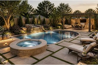design backyard, landscape, patio, pergola, garden, pool ,outdoor kitchen, deck