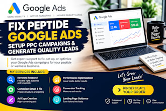 fix peptide google ads, setup setup PPC campaigns sale funnel meta ads and SMM