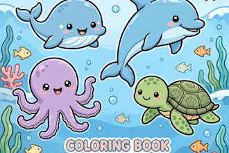design cute sea animals colorong book pages fpr kids kdp interior