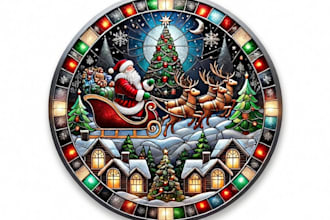 design santa claus with reindeer stained merry christmas