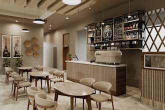 design a cozy scandinavian cafe interior with 3d renders