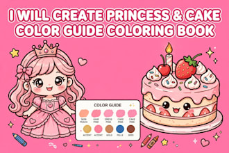 design princess and cake color guide coloring book pages