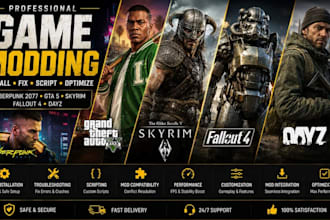 develop custom mods for cyberpunk 2077, gta 5, sims 4,skyrim rdr2, and fallout 4
