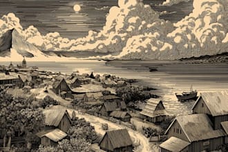 create dark and moody linocut illustrations for book covers