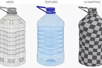 model 3d bottle water, wrap, texturing, uv mapping, realistic materials, product