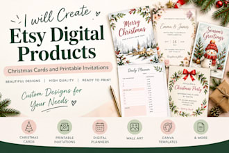 create etsy digital products, christmas cards and printable invitations
