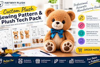 create custom plush sewing pattern, plush pattern and plush tech pack