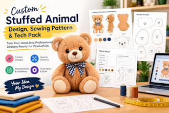 create a custom plush toy design sewing pattern tech pack for stuffed animals