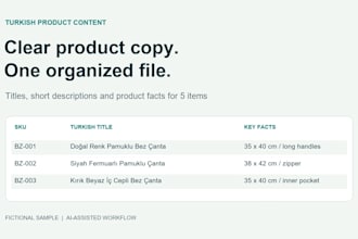 write turkish product descriptions in an organized spreadsheet