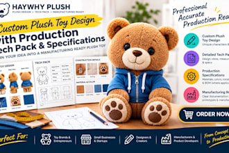 design a plush toy with production tech pack and specifications