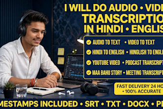 transcribe audio and video accurately in hindi and english 24 hour delivery