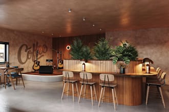 render interior design,coffee shop,3d restaurant layout,cgi cafe interior design