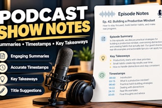 write podcast show notes, summaries and accurate timestamps