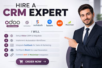 setup odoo CRM helpdesk automation suitedash boom act maximizer integration