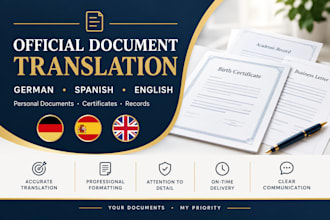 translate and provide certified official documents from german spanish english