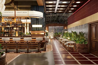 design luxury hospitality interior, cinematic restaurant render,cafe shop layout