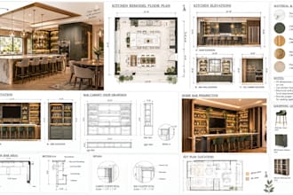 draw kitchen remodel floor plan, bar cabinet and home bar shop drawings permit
