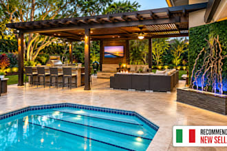 do backyard landscape design 3d pool patio pergola outdoor kitchen 4k rendering