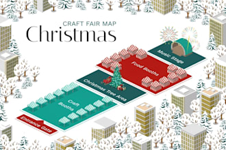 isometric christmas market map with vendor huts, attractions, pedestrian routes