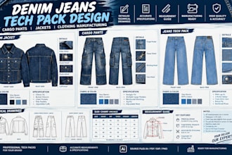 design denim jeans tech pack for cargo pants, jackets and clothing manufacturing