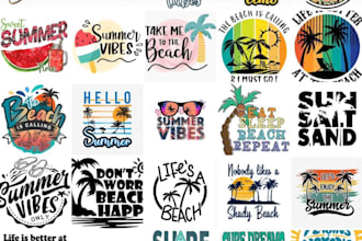 create retro hand drawn surf art, beach vibe stickers and vintage logo
