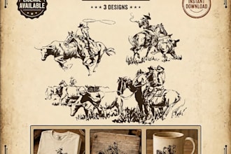 create vintage cowboy bull rider logo and western rodeo t shirt design