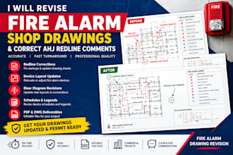 revise fire alarm shop drawings and correct ahj redline comments to permit plans