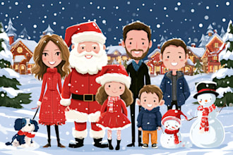 draw custom christmas family couple pet illustration
