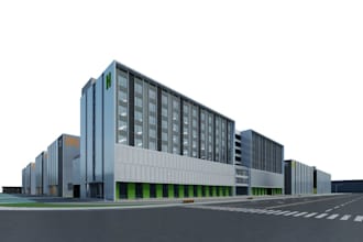 create office building external, car park, landscape 3d rendering, walkthrough