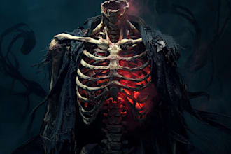 draw detailed dark art, horror, skull, fantasy illustration