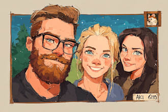 draw a custom style cartoon portrait for couples or families