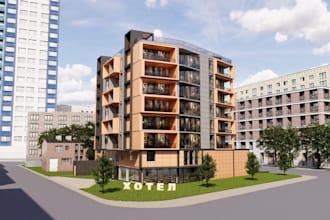 sketchup model, hotel exterior design,commercial complex, elevation 3d rendering