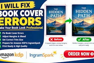 fix book cover errors, adjust margins, trim size for amazon KDP and ingramspark