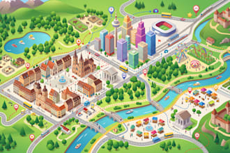design custom destination map, vacation map, travel illustration and city guide