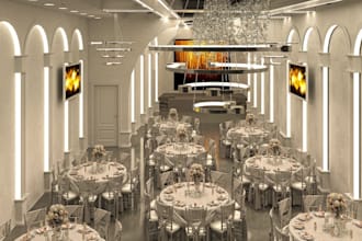 create biophilic interior design, banquet hall visuals, wedding reception render