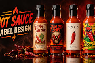 design a bold hot sauce label, spice, BBQ sauce, chili bottle, food packaging