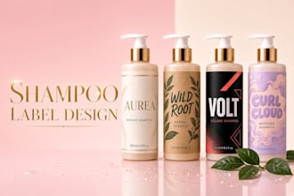 design shampoo, conditioner, soap, lotion bottle hair and body oil labels