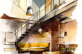 design your interior sketch into a watercolor drawing