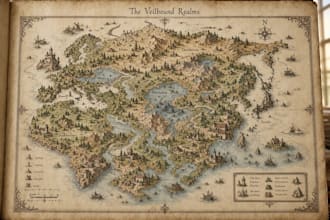 draw fantasy map illustration in vintage storybook style