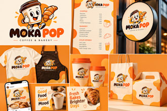 design restaurant branding, cafe, bakery with logo, menu, food packaging