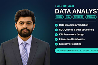be your data analyst for excel sql power bi and tableau