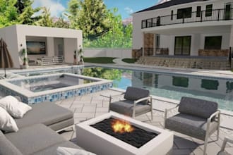 create landscape garden backyard patio pool design with realistic 3d rendering