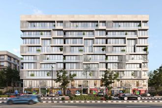 create modern shopfront exterior, urban shopping arcade,cgi mix apartment render