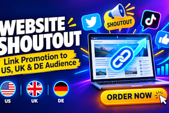 do website shoutout and link promotion to us, uk de tiktok, twitter, fb audience