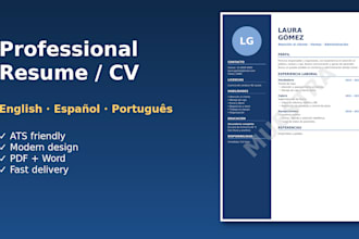 write a professional resume CV in english, spanish or portuguese