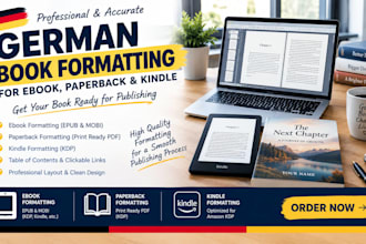 do german  book formatting for ebook, paperback formatting, kindle formatting