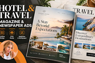 create professional magazine ad newspaper, advertisement for hotels and travel