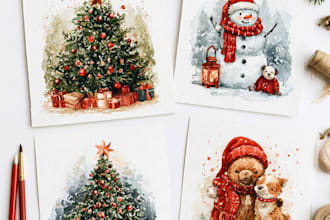 create cute watercolor christmas characters and animals