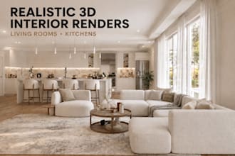 do 3d interior rendering for living and kitchen